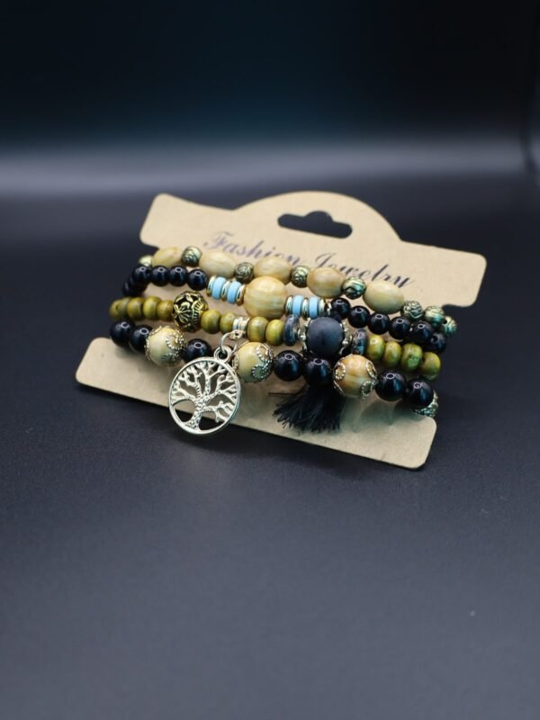 Boho Wooden Beaded Bracelet with Tree of Life Charm