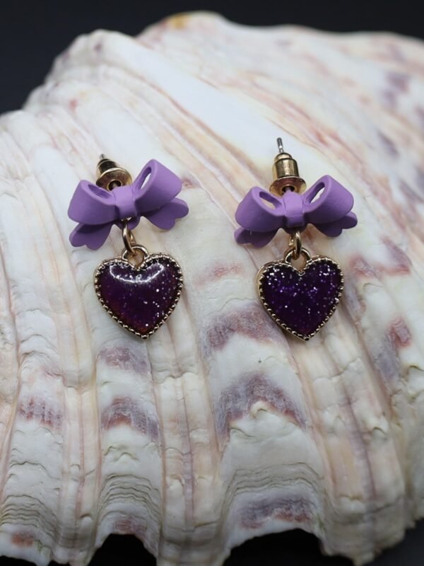 Bow Knot Heart-Shaped Earrings Purple Love Heart Drop - gg000004