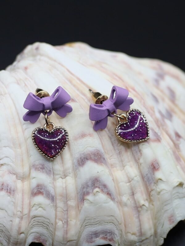 Bow Knot Heart-Shaped Earrings Purple Love Heart Drop - gg000004