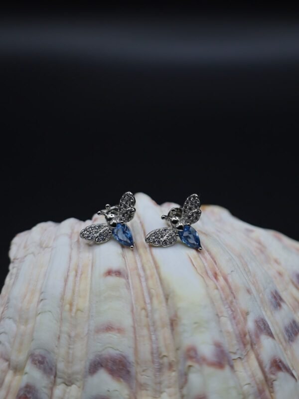 Charming Silver Bee Stud Earrings with Blue Zircon in 925 Sterling Silver