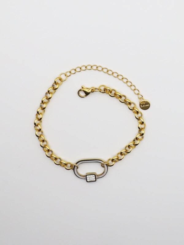 Gold Carabiner Link Chain Bracelet with Cubic Zirconia Stones - gg000053